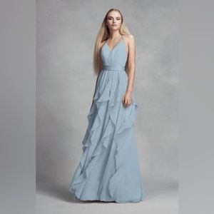Vera Wang White Label Chiffon Formal Bridesmaid Dress Cascading Skirt Dusty Blue